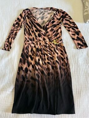 Jennifer Lopez Long-Sleeve Leopard-Print Wrap Dress with Gold Buckle